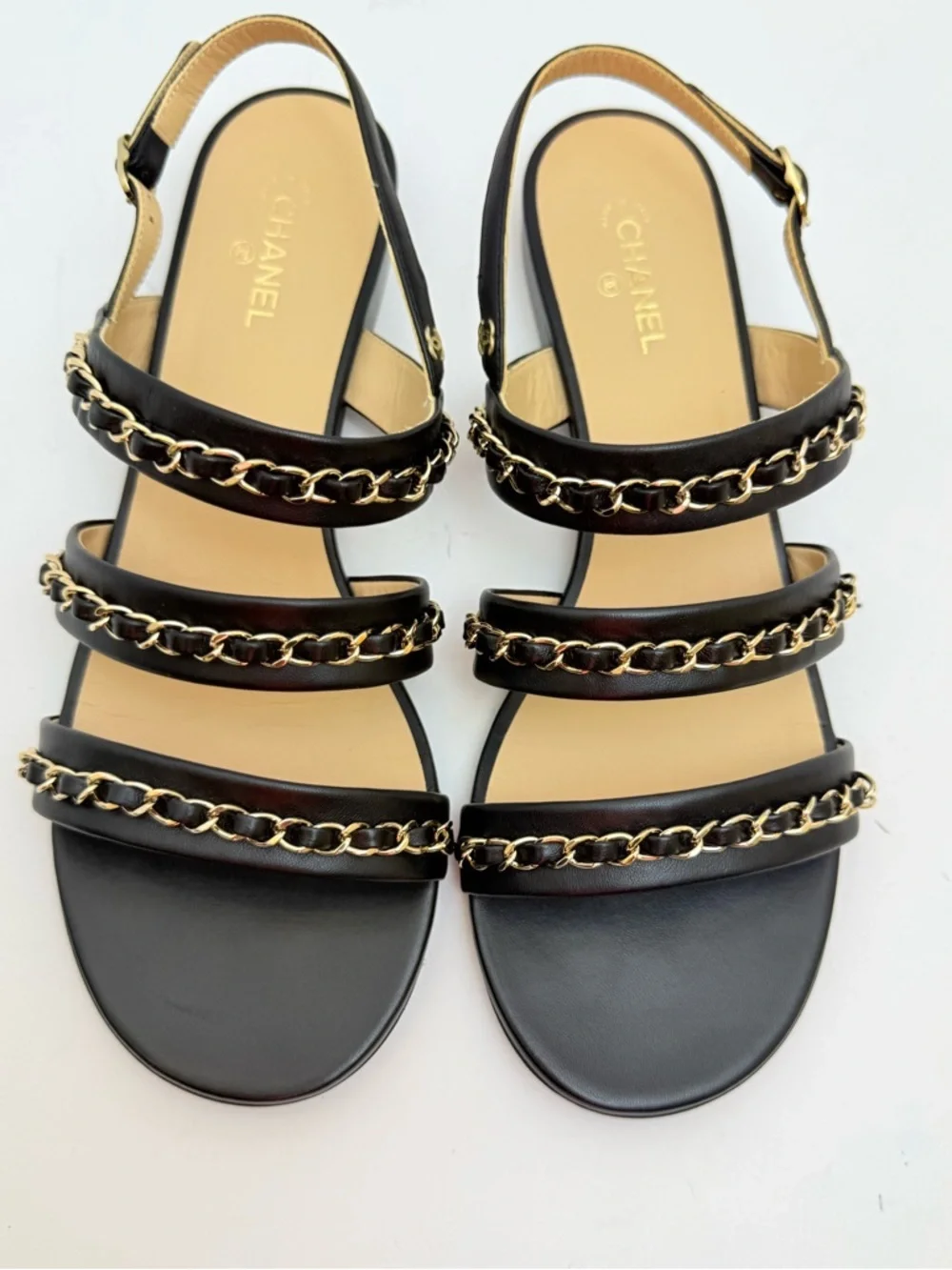 Chanel 22 Logo Chain Strap Lambskin Sandals Black Gold CC EU 40 US 10